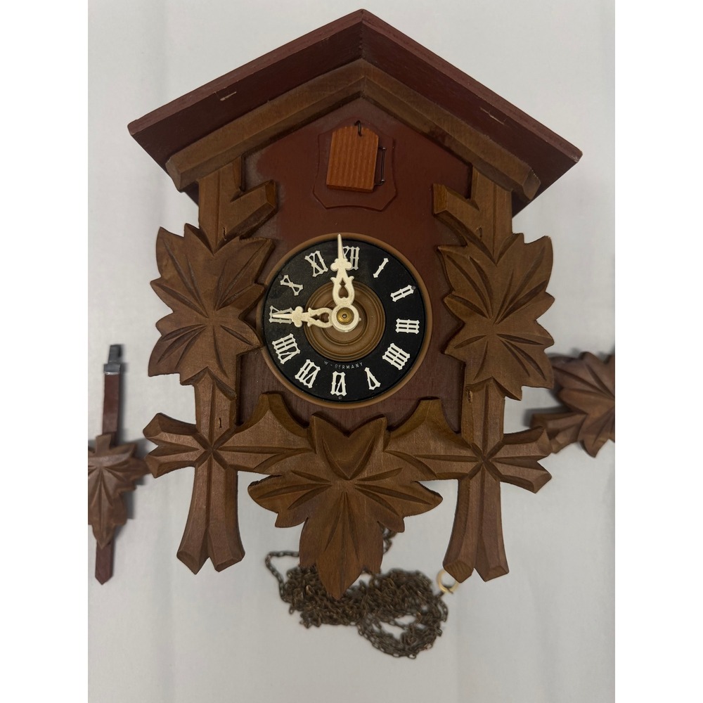 Vintage West Germany Cuckoo Clock Hand Carved Wood Black Forest Maple Leaf Bird